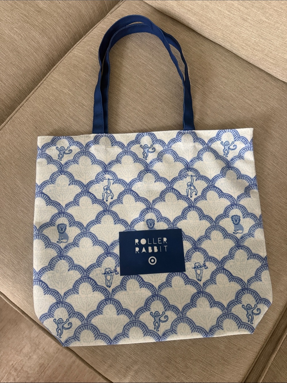 Roller Rabbit Blue and White Patterned Tote with Blue Straps